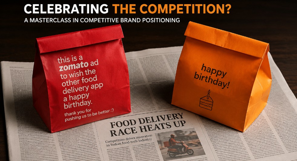 Zomato Print Advertising newspaper advertisement wishing Swiggy a happy birthday as an example of competitive brand positioning.