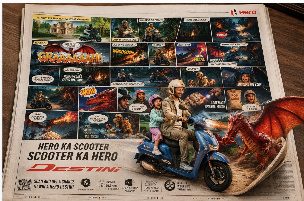 Hero Destini Print Advertising comic-style newspaper advertisement featuring a father and daughter on an adventure.
